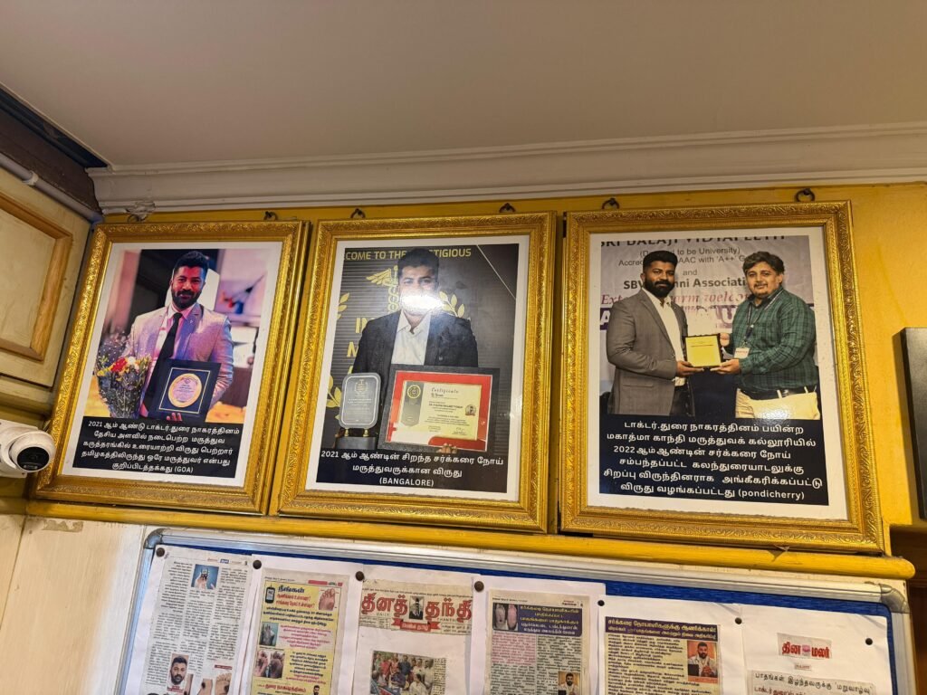 Dr. R. Durai Nagarethinam with awards received at healthcare events in Goa, Bangalore and Pondicherry